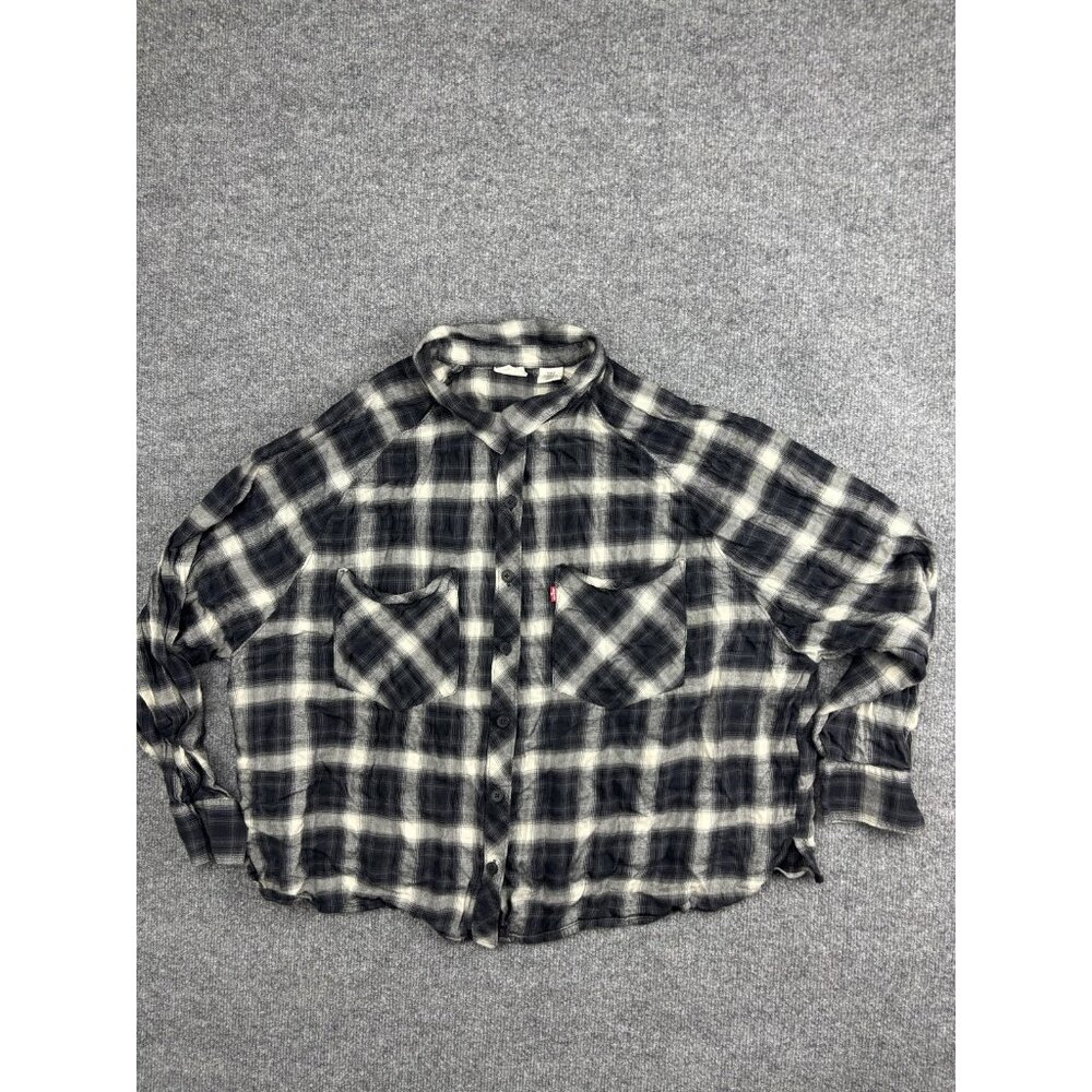 Levi's Shirt Womens 1X Gray Black Plaid Button Front‎ Linen Blend Pockets Boxy